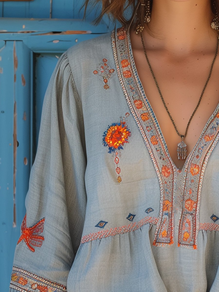 Women’s Artisan-Inspired Summer Blouse – Relaxed V-Neck Top with Embroidered Detail