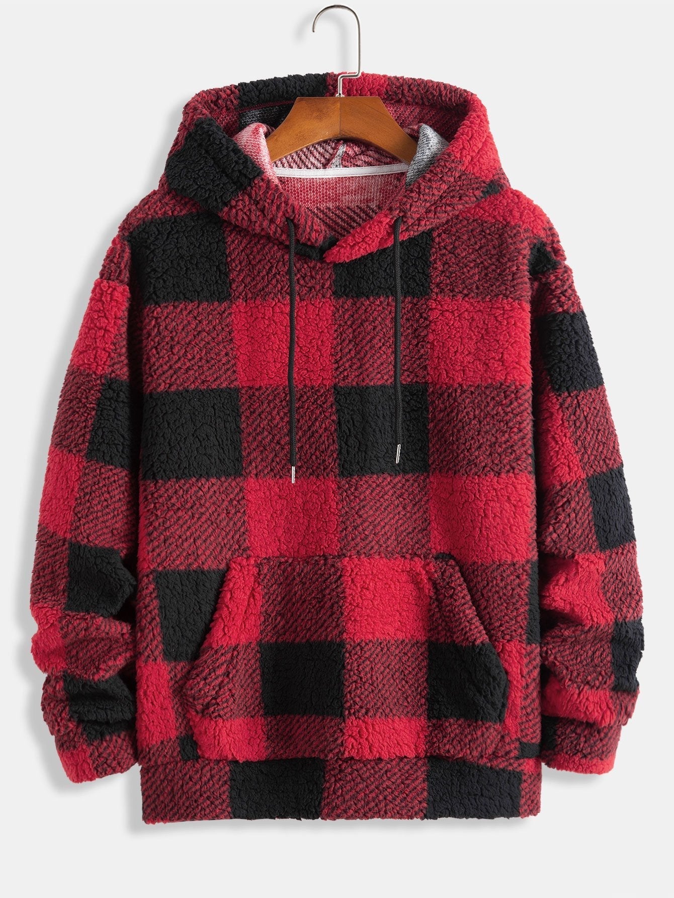 Men’s Checked Teddy Fleece Tracksuit – Hooded Two-Piece Set with Straight-Leg Trousers