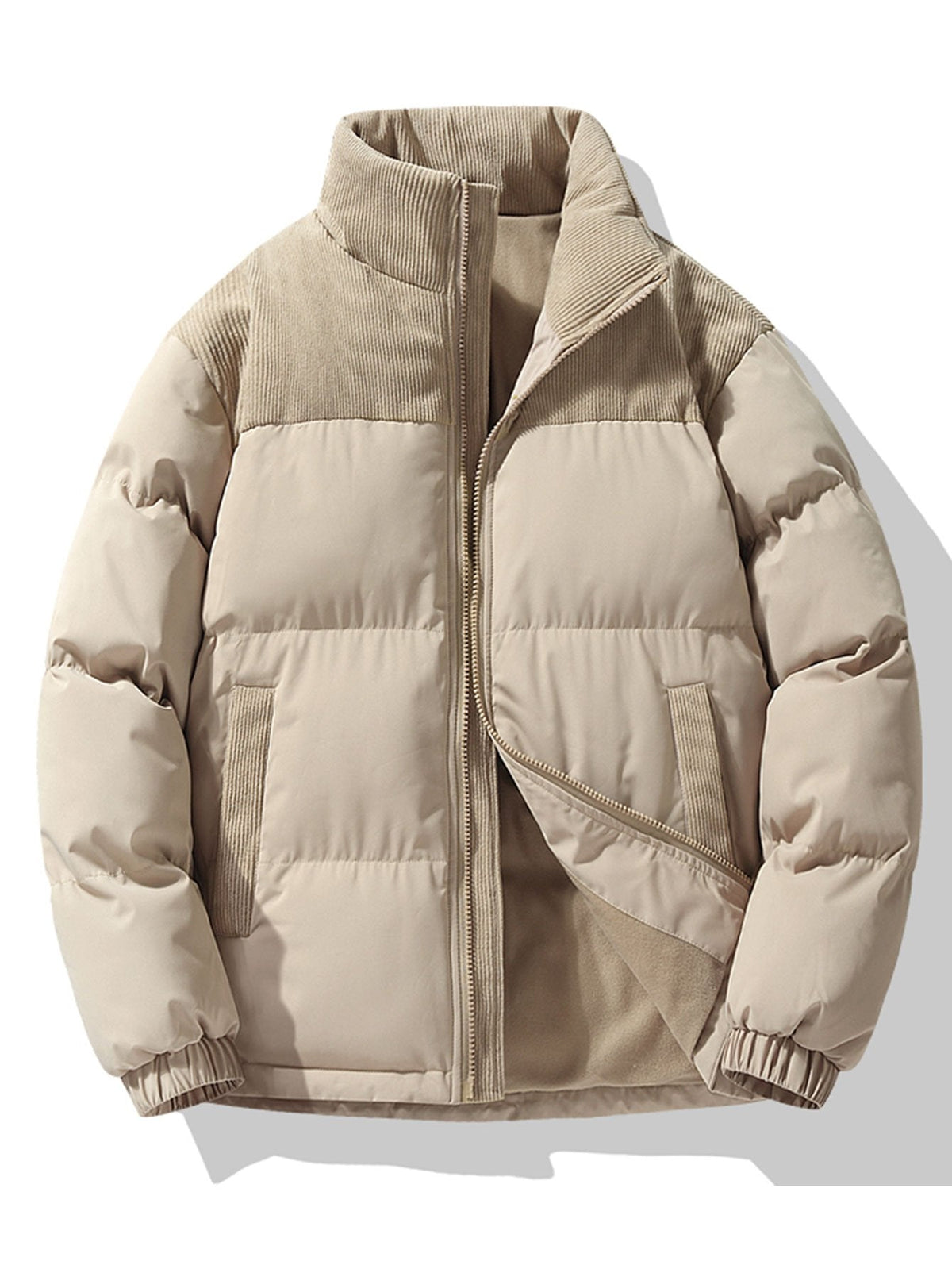 Chaqueta acolchada de invierno con paneles de pana y cuello alto para hombre – Prenda de abrigo informal de corte regular