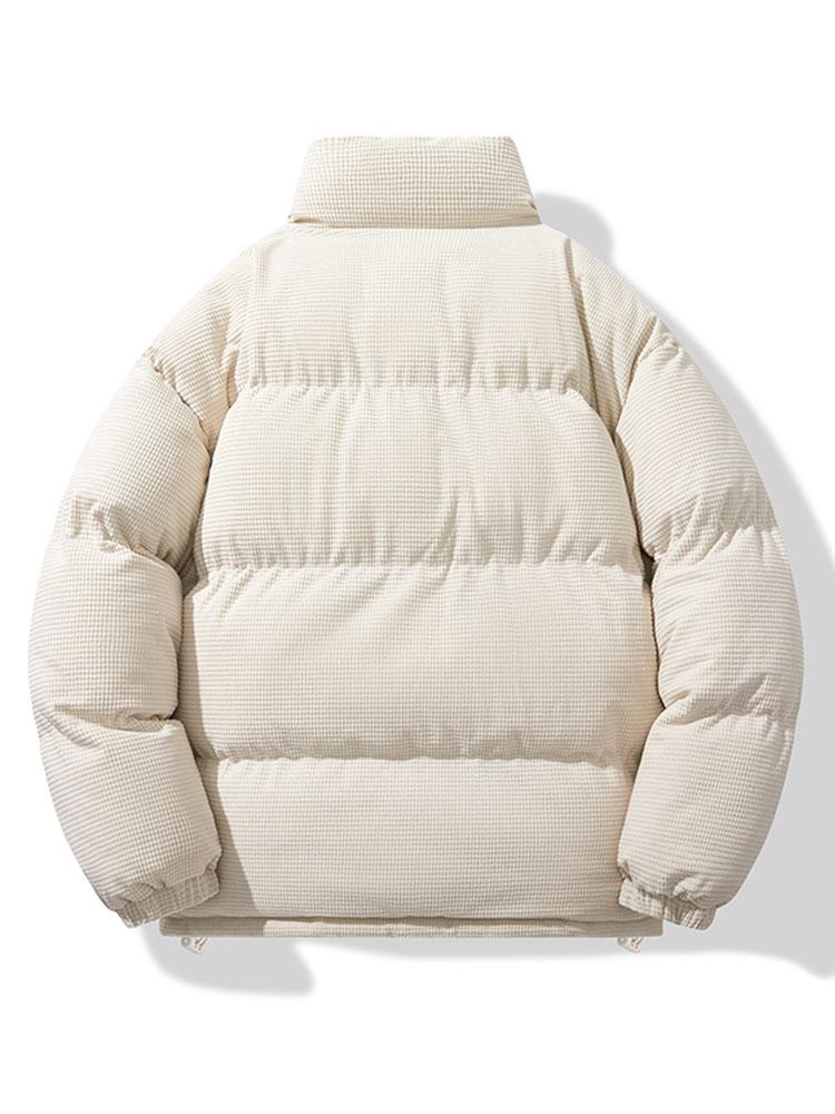 Herenjas van corduroy met pufferdesign – Warme gewatteerde winterjas met hoge opstaande kraag en geborduurd detail op de borst