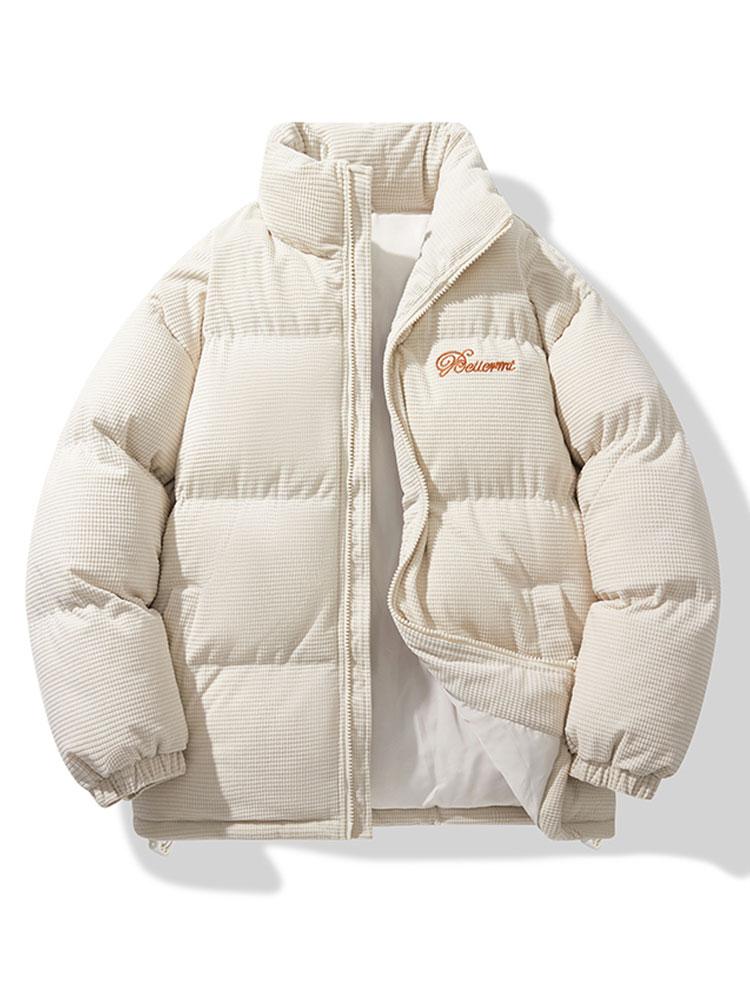 Herenjas van corduroy met pufferdesign – Warme gewatteerde winterjas met hoge opstaande kraag en geborduurd detail op de borst