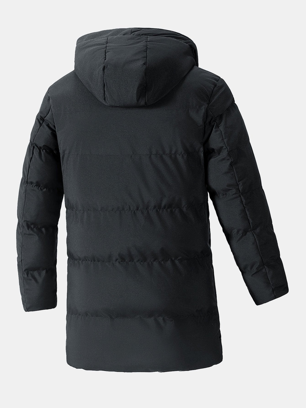 Langer Herren-Steppmantel mit Kapuze - Warmer, wattierter Wintermantel mit Kordelzugkapuze und praktischen Taschen