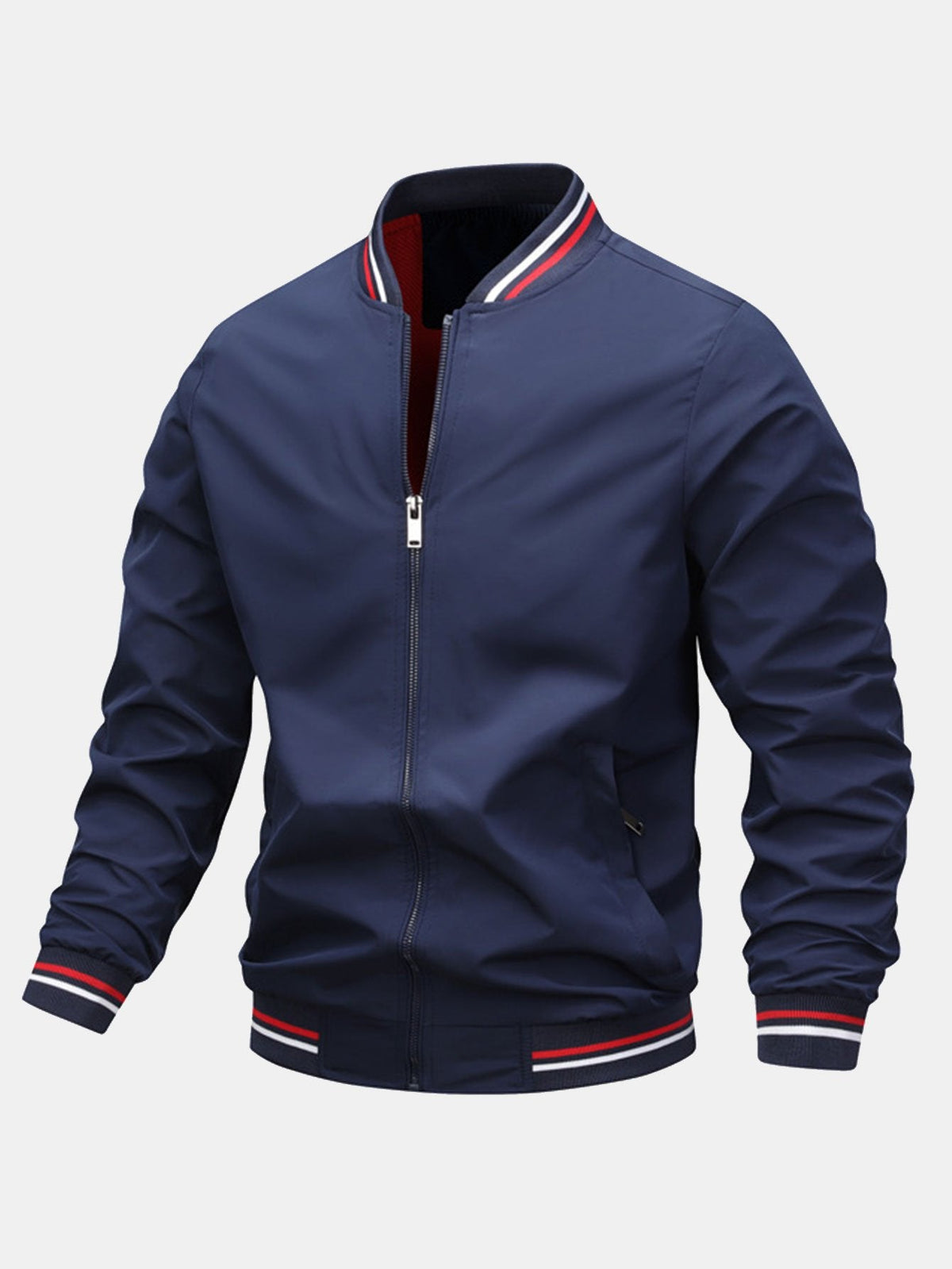 Men’s Lightweight Zip-Up Bomber Jacket with Striped Ribbed Trims – Regular Fit Casual Outerwear for Spring and Autumn