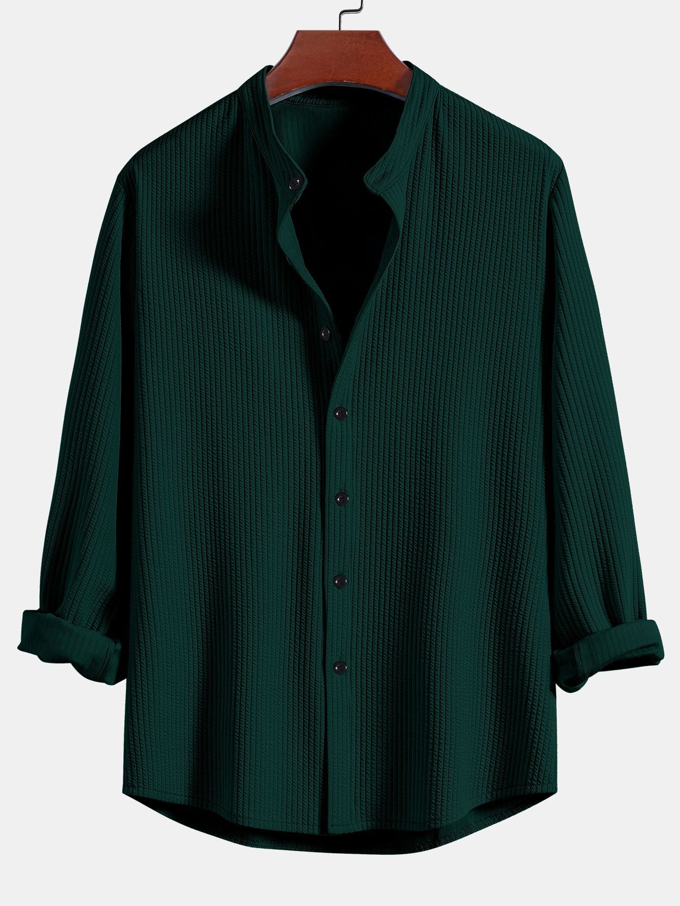 Men’s Ribbed Stand Collar Shirt and Straight-Leg Trousers – Stretch Smart Casual Co-Ord
