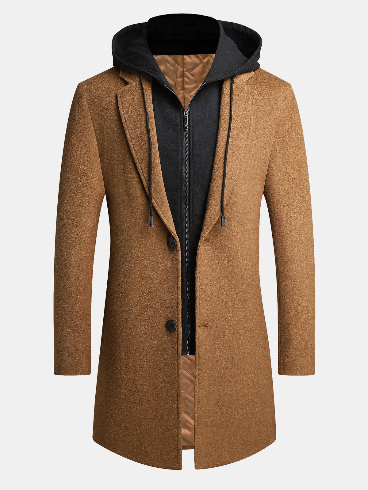 Abrigo largo con capucha de mezcla de lana para hombre - Abrigo de invierno entallado con capucha desmontable y capa con cremallera