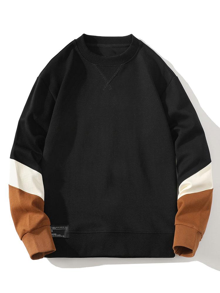 Bluză sport pentru bărbați, cu guler rotund, design în blocuri de culori și mâneci contrastante - croială lejeră, mâneci lungi, stil casual de stradă, pentru purtare zilnică