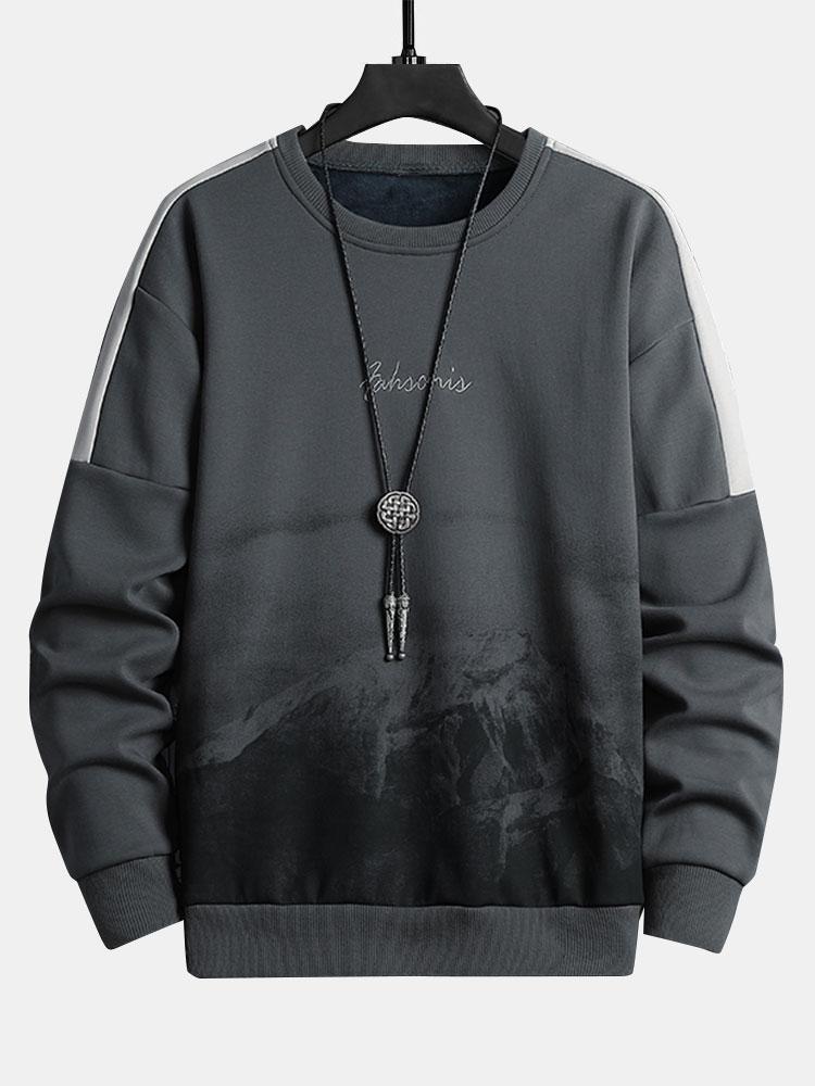 Sweatshirt masculino com estampa gráfica de montanha e riscas contrastantes nas mangas – Corte descontraído, gola redonda, estilo casual urbano, para o outono e o inverno