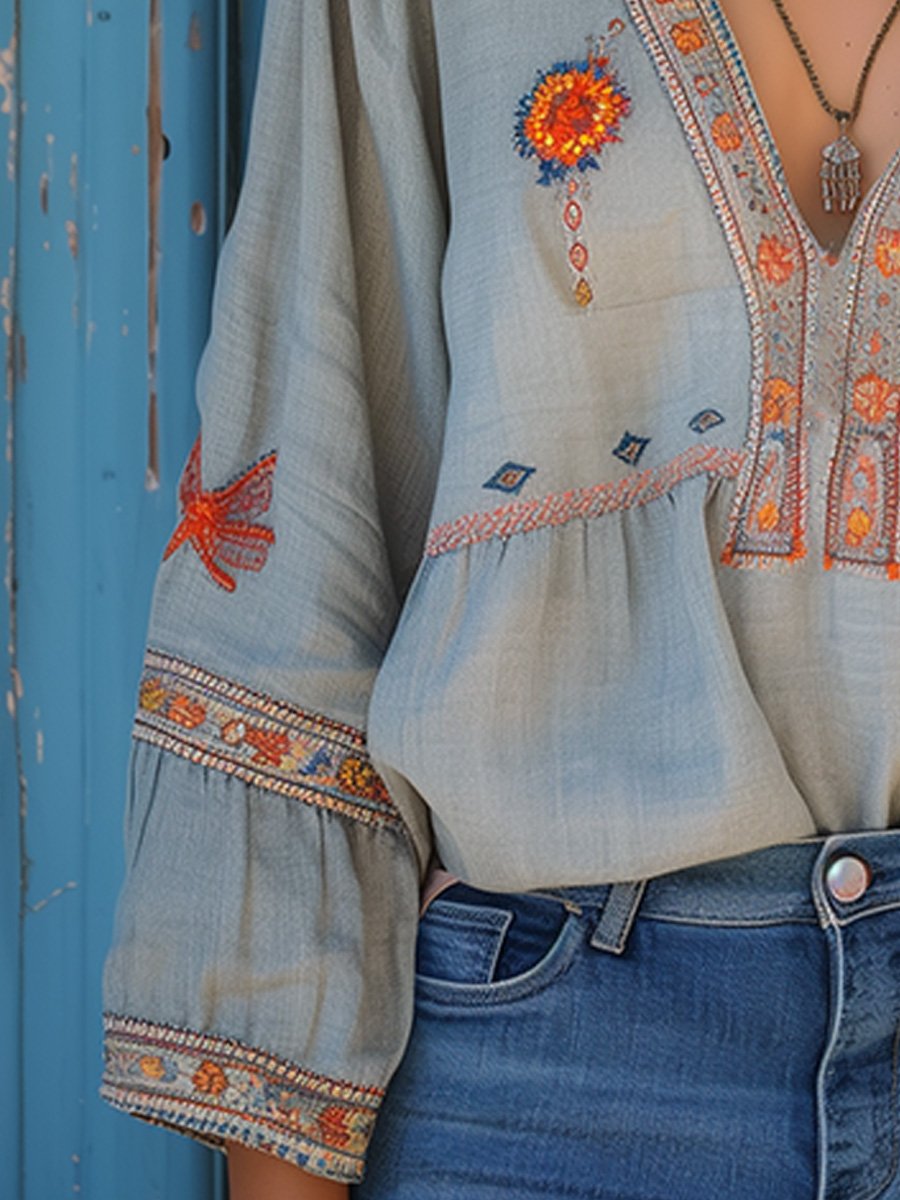 Women’s Artisan-Inspired Summer Blouse – Relaxed V-Neck Top with Embroidered Detail