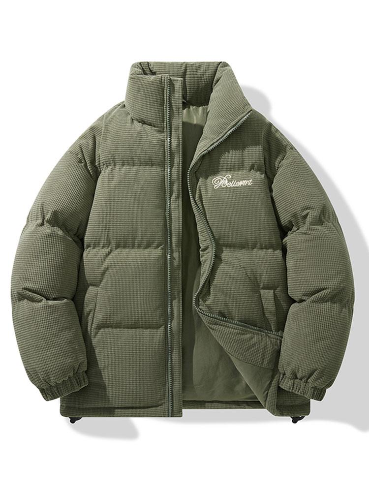 Herenjas van corduroy met pufferdesign – Warme gewatteerde winterjas met hoge opstaande kraag en geborduurd detail op de borst