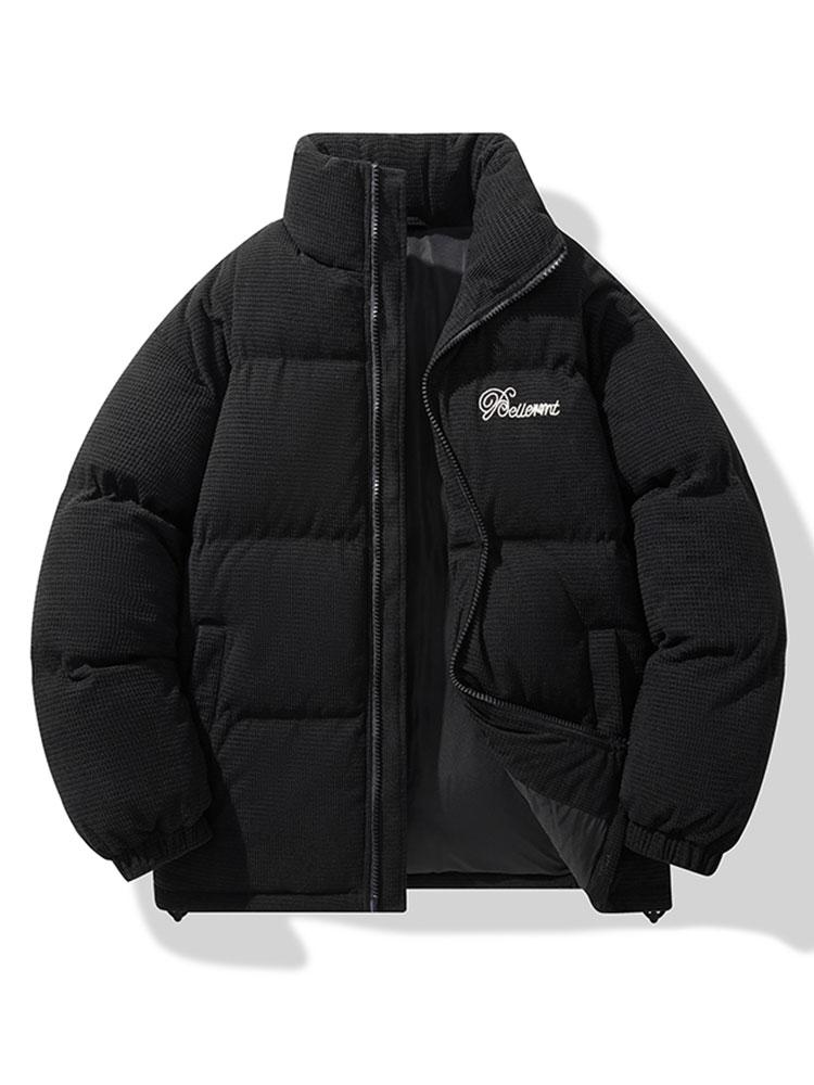 Herenjas van corduroy met pufferdesign – Warme gewatteerde winterjas met hoge opstaande kraag en geborduurd detail op de borst