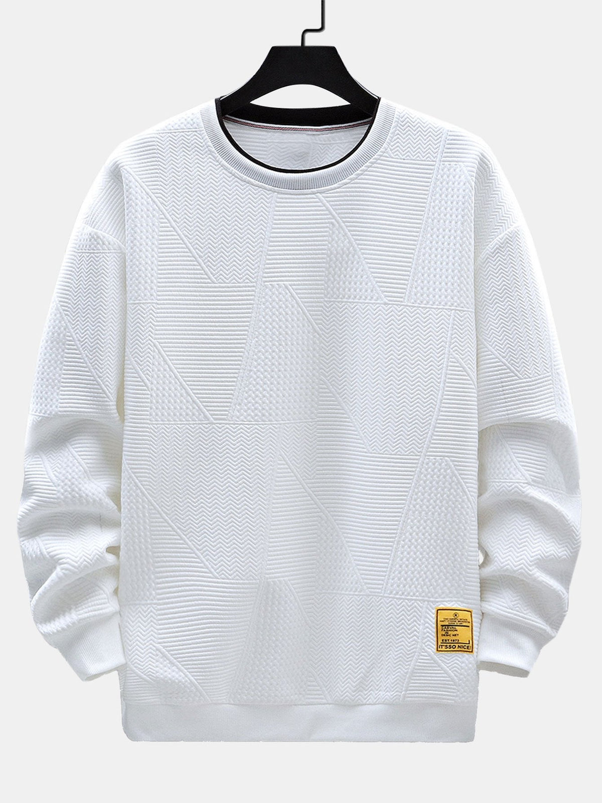 Men's Geometric Jacquard Sweatshirt – Relaxed Fit Textured Crew Neck Pullover for Autumn and Winter