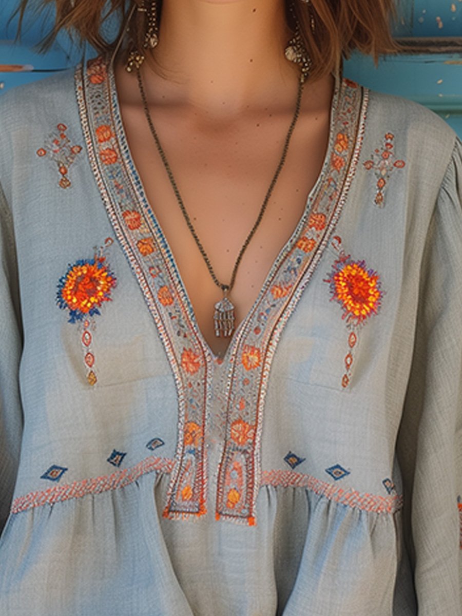 Women’s Artisan-Inspired Summer Blouse – Relaxed V-Neck Top with Embroidered Detail