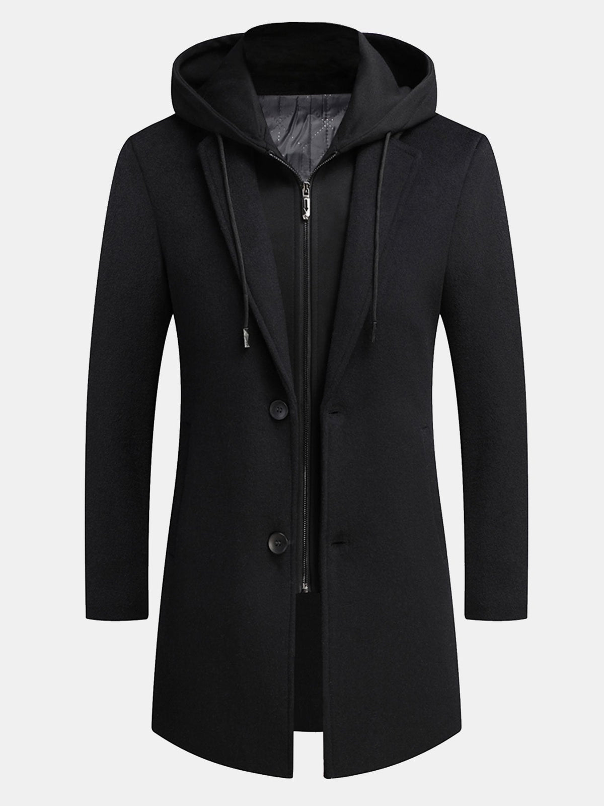 Abrigo largo con capucha de mezcla de lana para hombre - Abrigo de invierno entallado con capucha desmontable y capa con cremallera