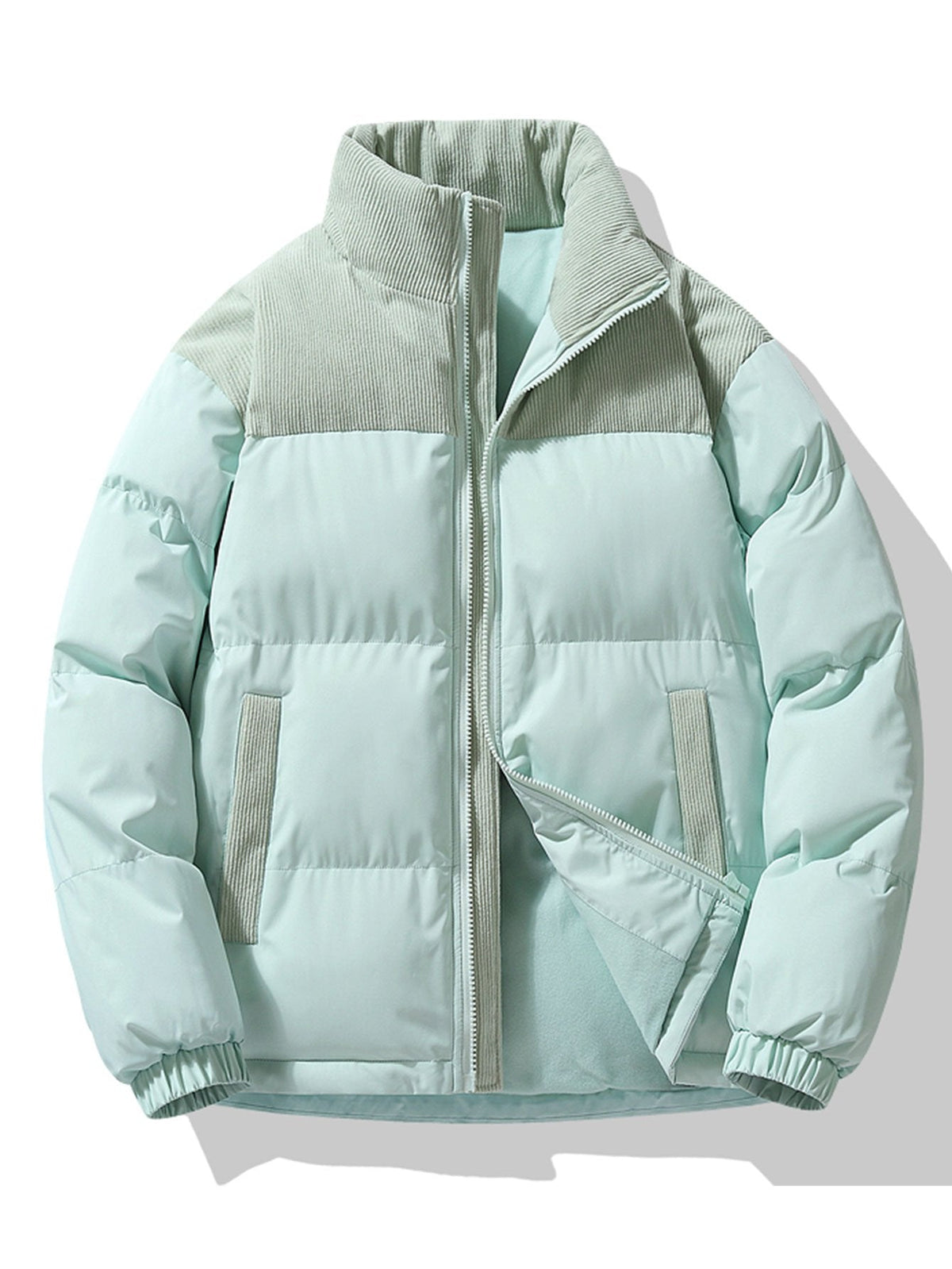 Chaqueta acolchada de invierno con paneles de pana y cuello alto para hombre – Prenda de abrigo informal de corte regular