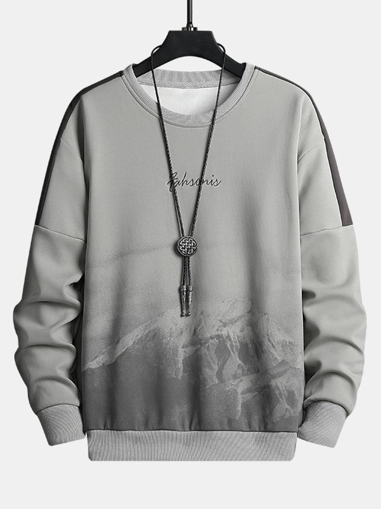 Sweatshirt masculino com estampa gráfica de montanha e riscas contrastantes nas mangas – Corte descontraído, gola redonda, estilo casual urbano, para o outono e o inverno