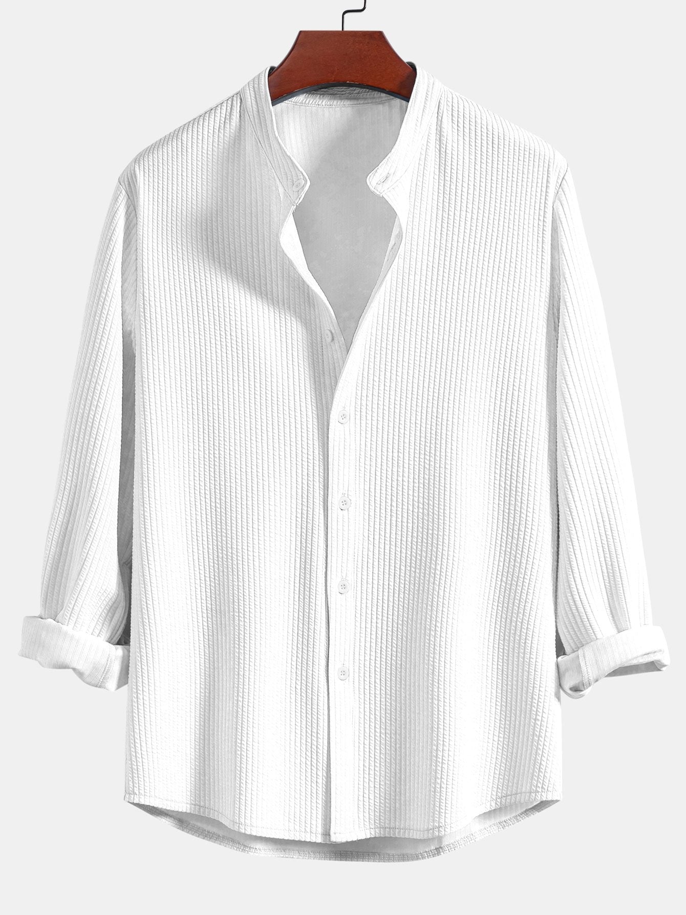 Men’s Ribbed Stand Collar Shirt and Straight-Leg Trousers – Stretch Smart Casual Co-Ord