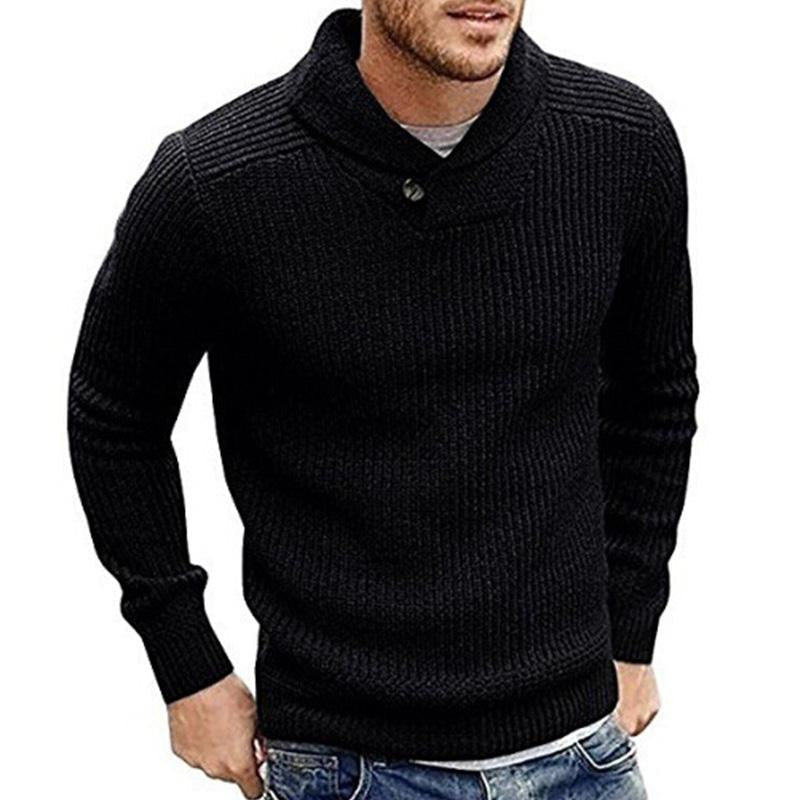 Męski sweter z prążkowanym kołnierzem szalowym i detalem z guzikami