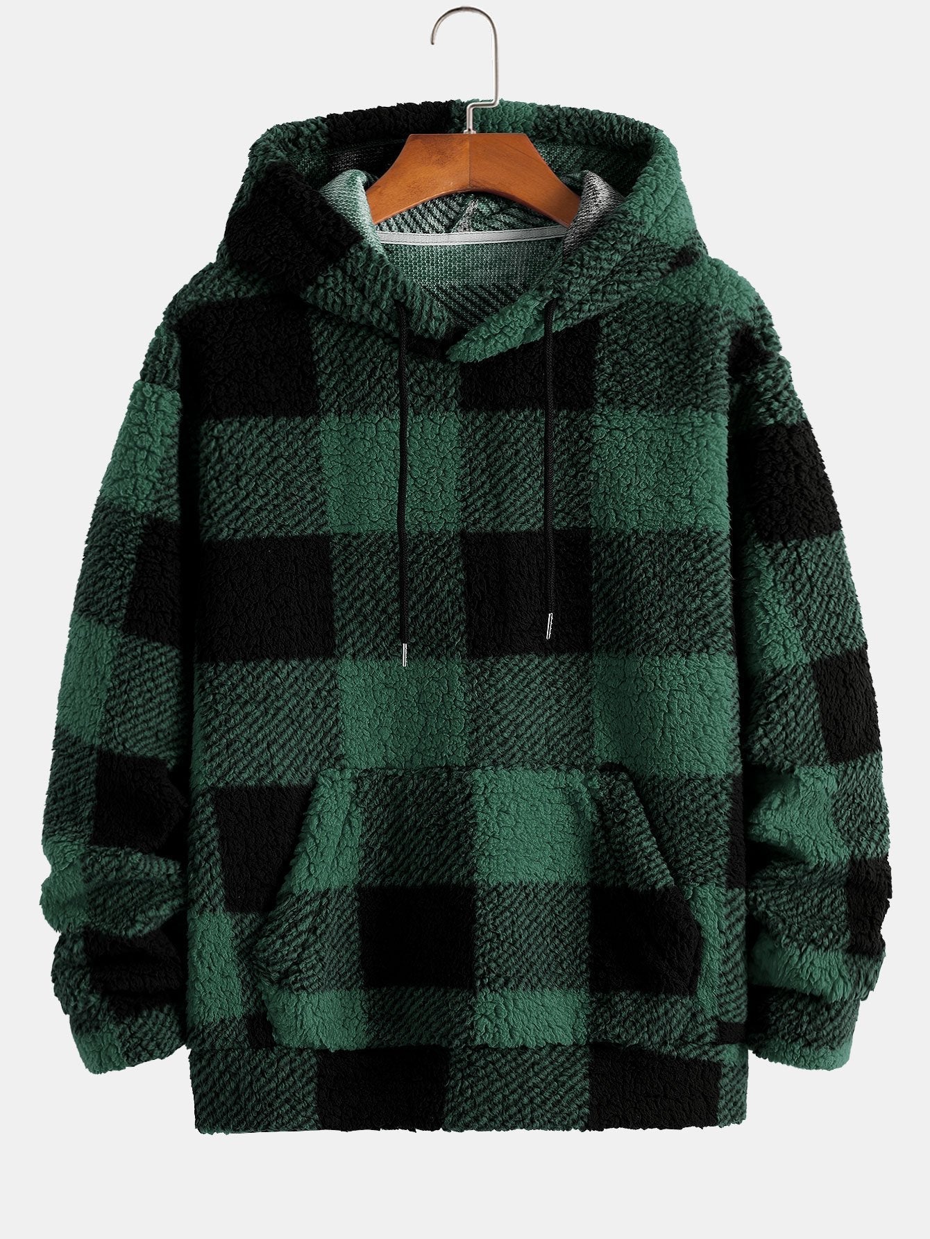 Men’s Checked Teddy Fleece Tracksuit – Hooded Two-Piece Set with Straight-Leg Trousers