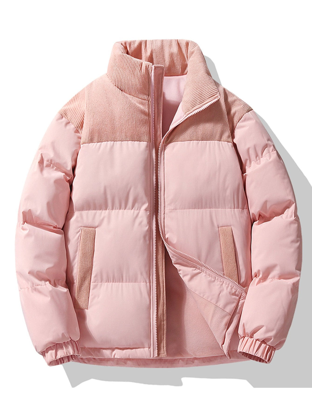 Chaqueta acolchada de invierno con paneles de pana y cuello alto para hombre – Prenda de abrigo informal de corte regular