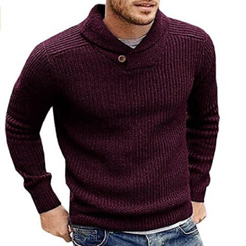 Męski sweter z prążkowanym kołnierzem szalowym i detalem z guzikami