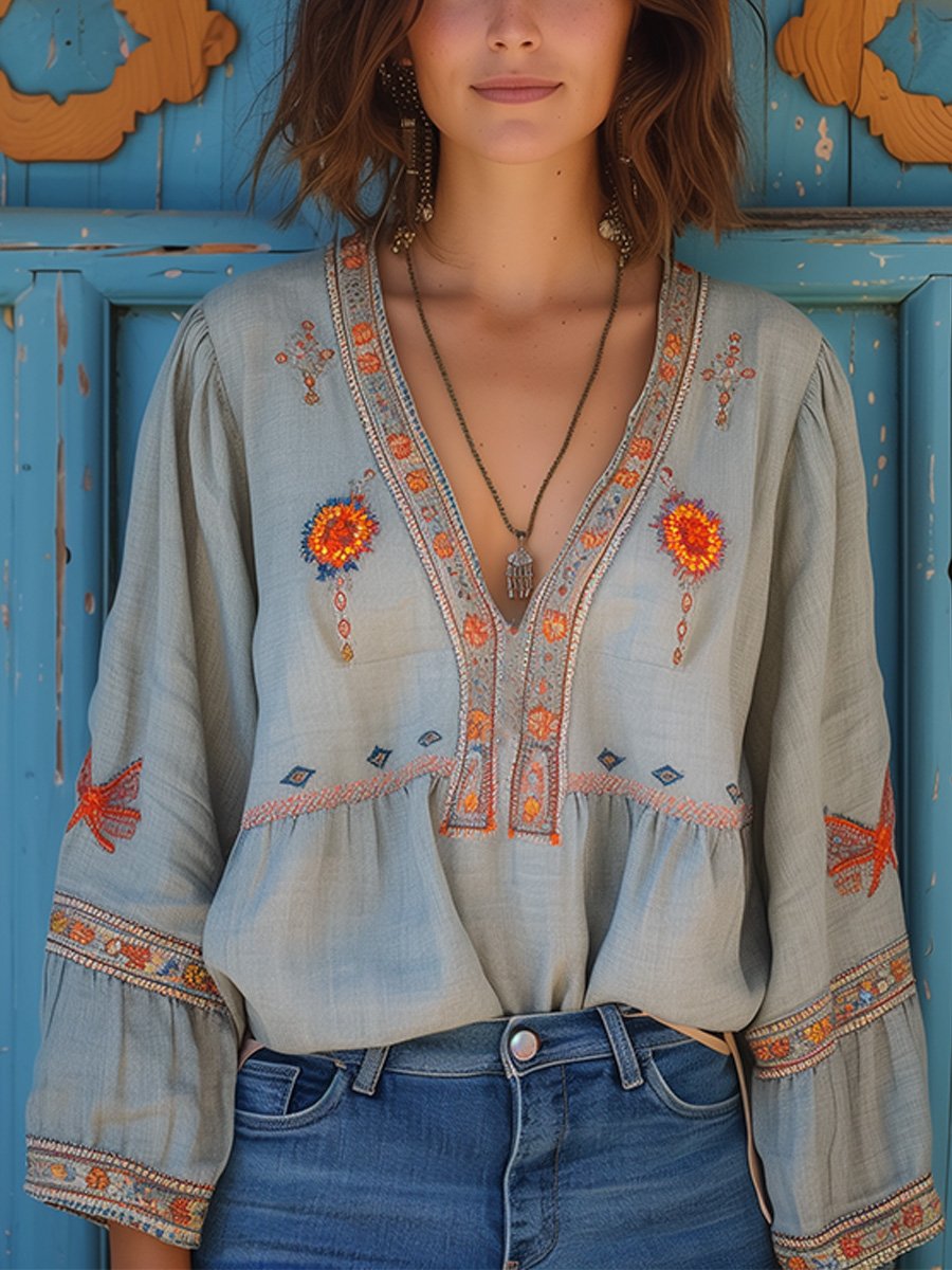 Women’s Artisan-Inspired Summer Blouse – Relaxed V-Neck Top with Embroidered Detail