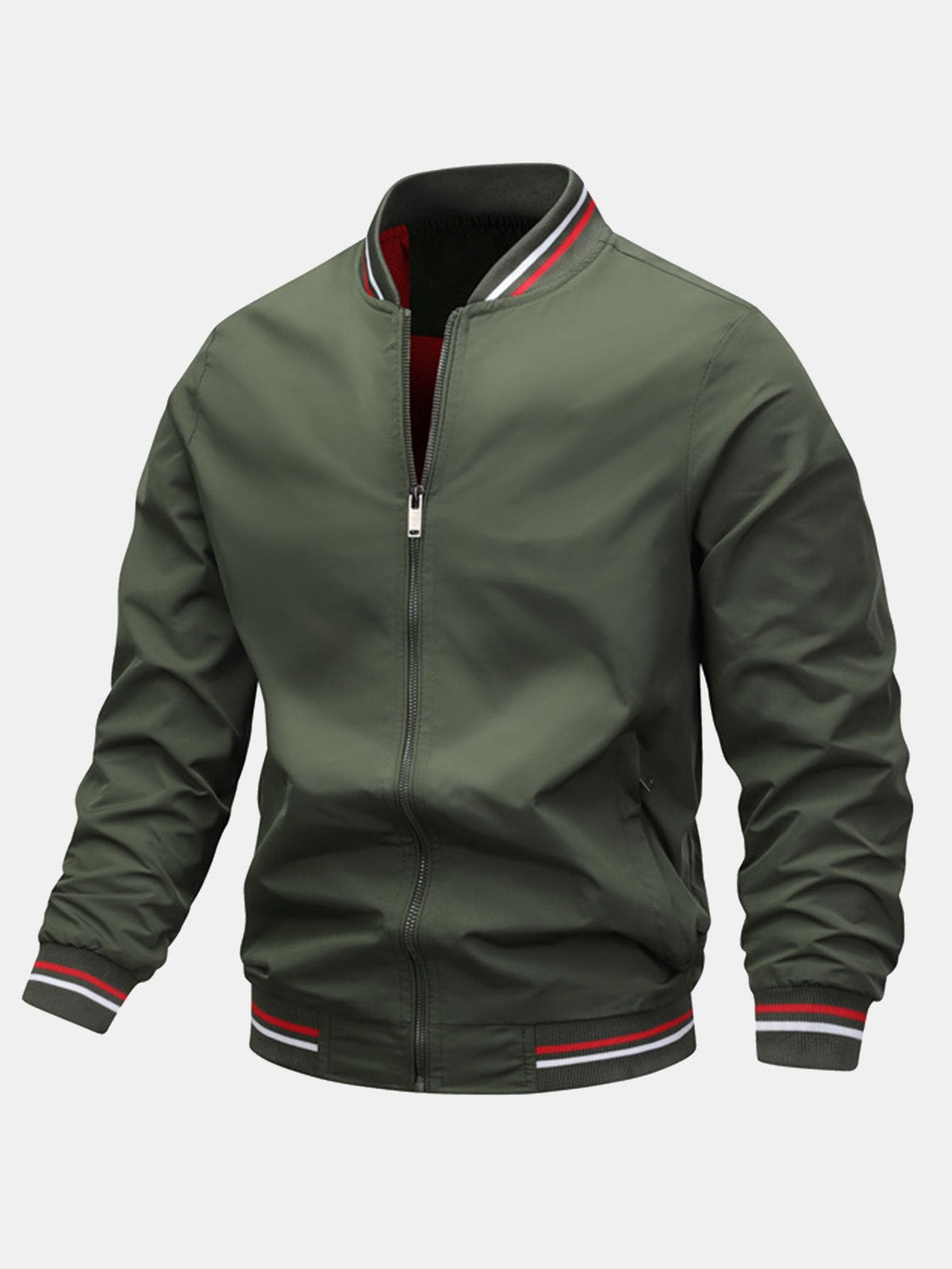 Men’s Lightweight Zip-Up Bomber Jacket with Striped Ribbed Trims – Regular Fit Casual Outerwear for Spring and Autumn