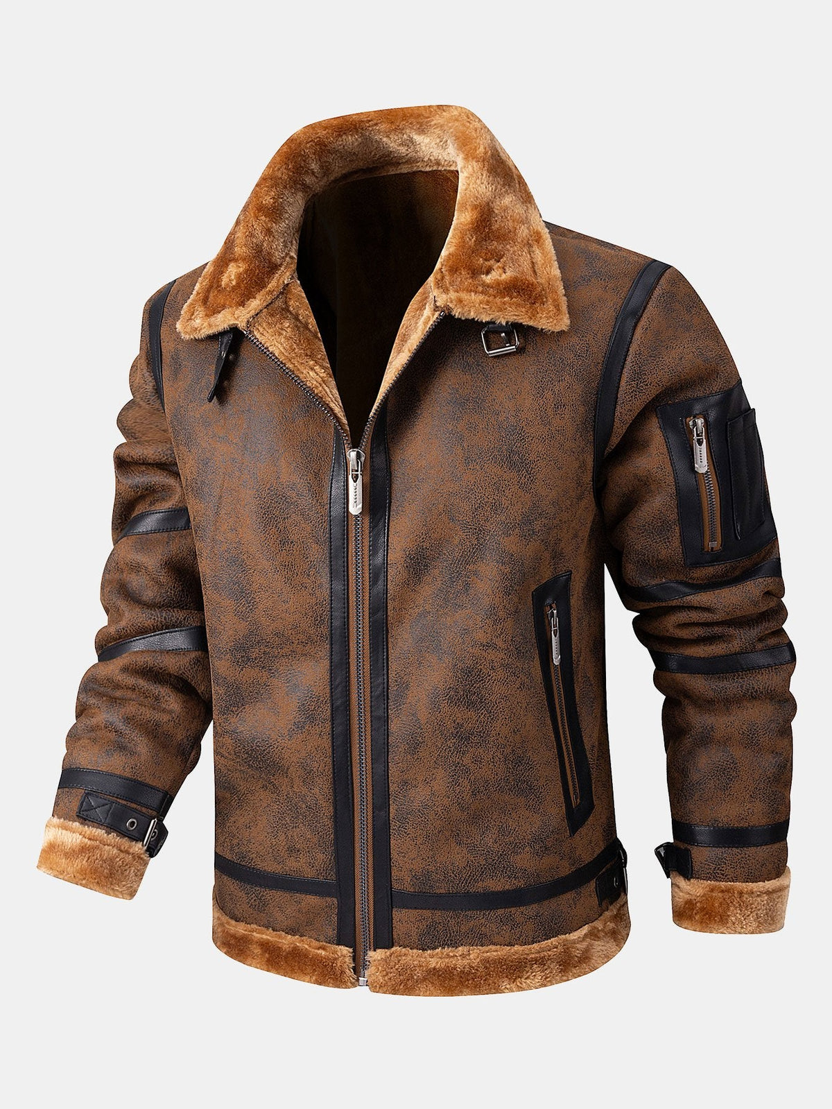 Chaqueta de aviador de ante sintético para hombre con forro de pelo sintético - Prenda de abrigo de inspiración vintage con cremallera para el invierno