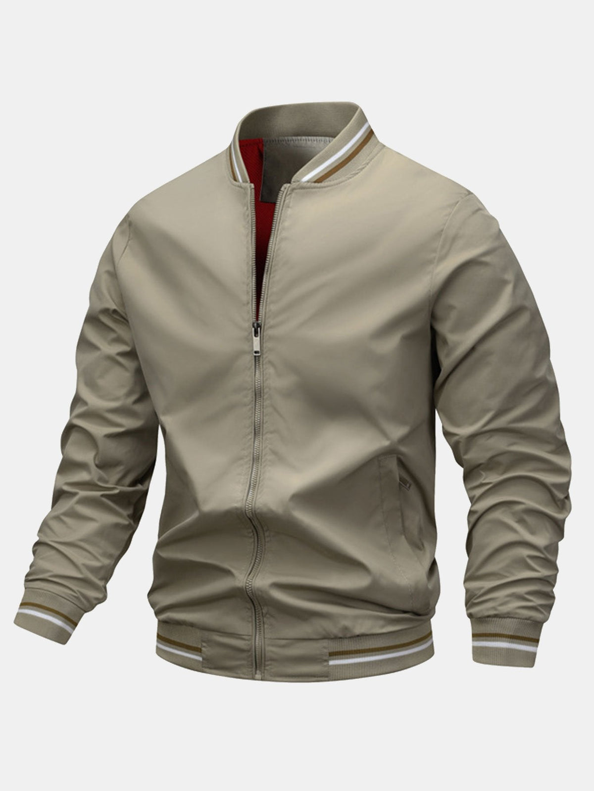 Men’s Lightweight Zip-Up Bomber Jacket with Striped Ribbed Trims – Regular Fit Casual Outerwear for Spring and Autumn