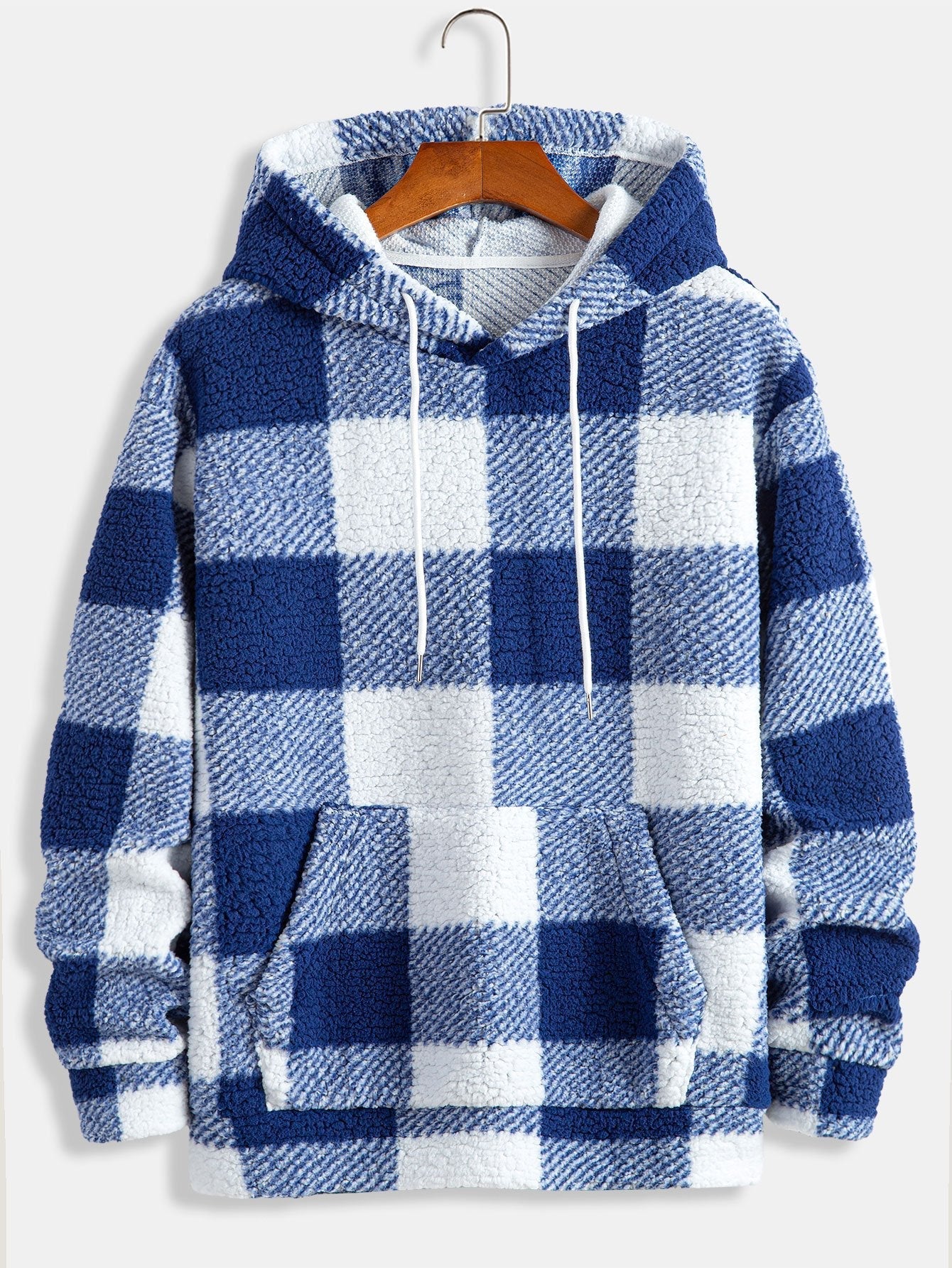 Men’s Checked Teddy Fleece Tracksuit – Hooded Two-Piece Set with Straight-Leg Trousers