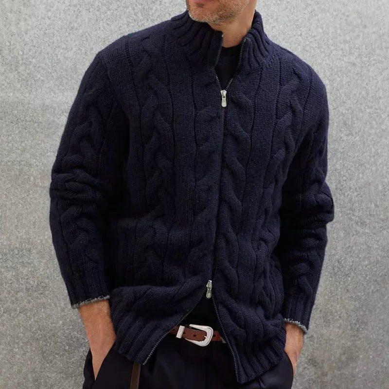 Men’s Cable-Knit Zip Cardigan – Stand-Collar Long-Sleeve Sweater with Textured Knit for Smart Casual Layering