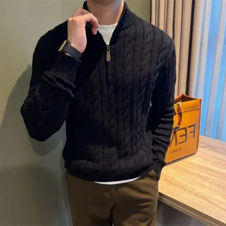 Men’s Cable-Knit Zip Cardigan – Stand-Collar Long-Sleeve Sweater with Textured Knit for Smart Casual Layering