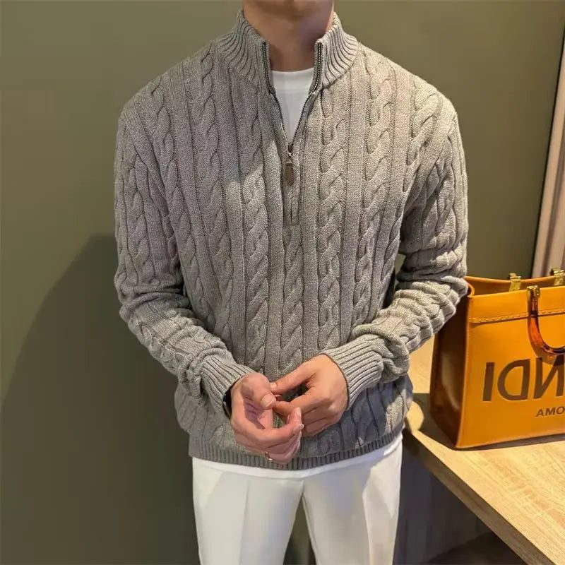 Men’s Cable-Knit Zip Cardigan – Stand-Collar Long-Sleeve Sweater with Textured Knit for Smart Casual Layering