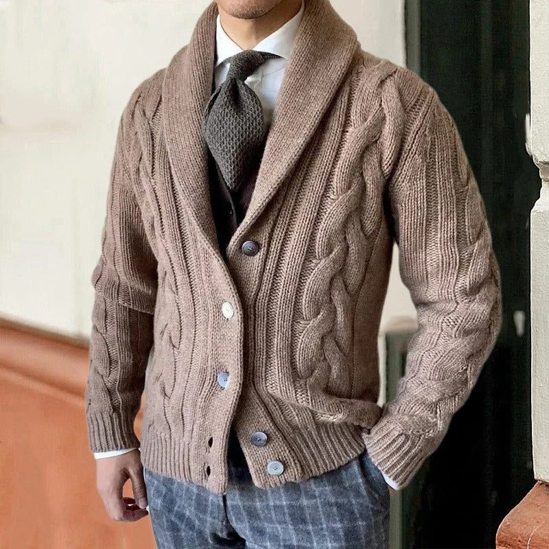 Herren-Cardigan mit Zopfmuster und Schalkragen – Pullover mit Knopfleiste und strukturiertem Strick für stilvolle, legere Lagenlooks