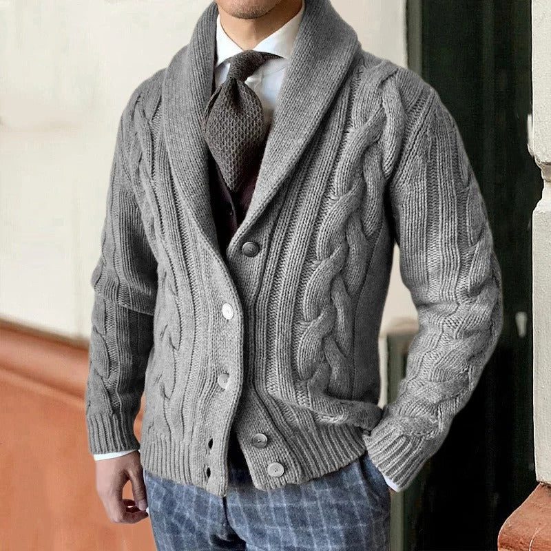 Herren-Cardigan mit Zopfmuster und Schalkragen – Pullover mit Knopfleiste und strukturiertem Strick für stilvolle, legere Lagenlooks