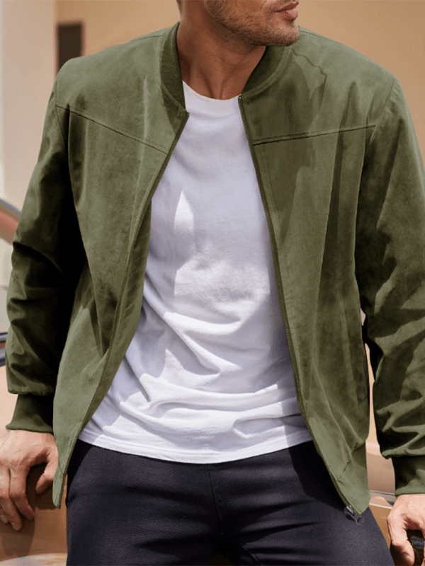 Pánská semišová bomber bunda – minimalistický model na zip s žebrovanými lemy