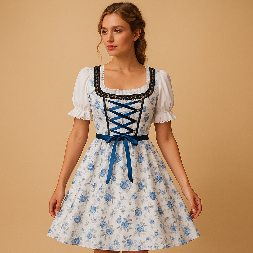 Dámske mini dirndlové šaty s čipkovým lemom – tradičný štýl so zásterou na Oktoberfest a tematické večierky