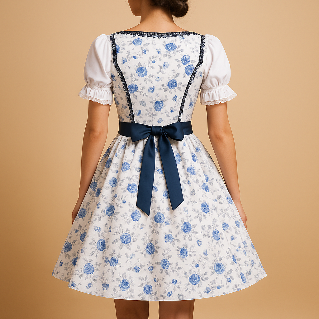 Dámske mini dirndlové šaty s čipkovým lemom – tradičný štýl so zásterou na Oktoberfest a tematické večierky