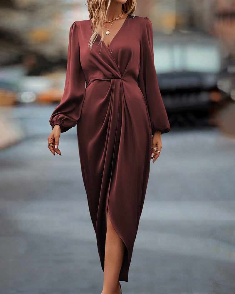 Women’s Midi Dress – Elegant V Neck Lantern Sleeve A Line Comfortable Everyday Occasion Wear