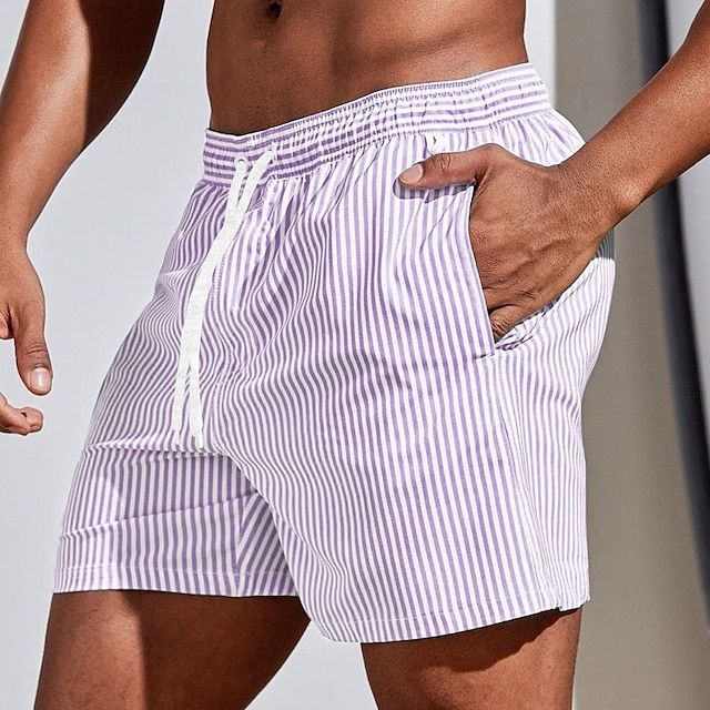 Herre badeshorts med lodrette striber og snøre, hurtigttørrende og behagelige