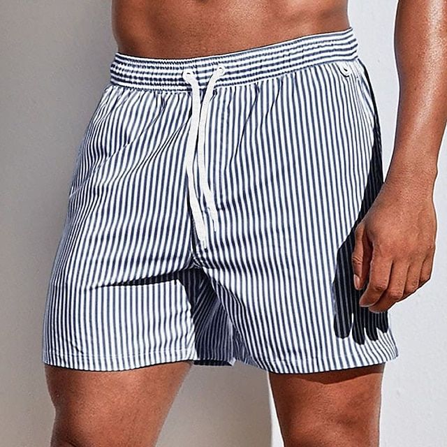 Herre badeshorts med lodrette striber og snøre, hurtigttørrende og behagelige