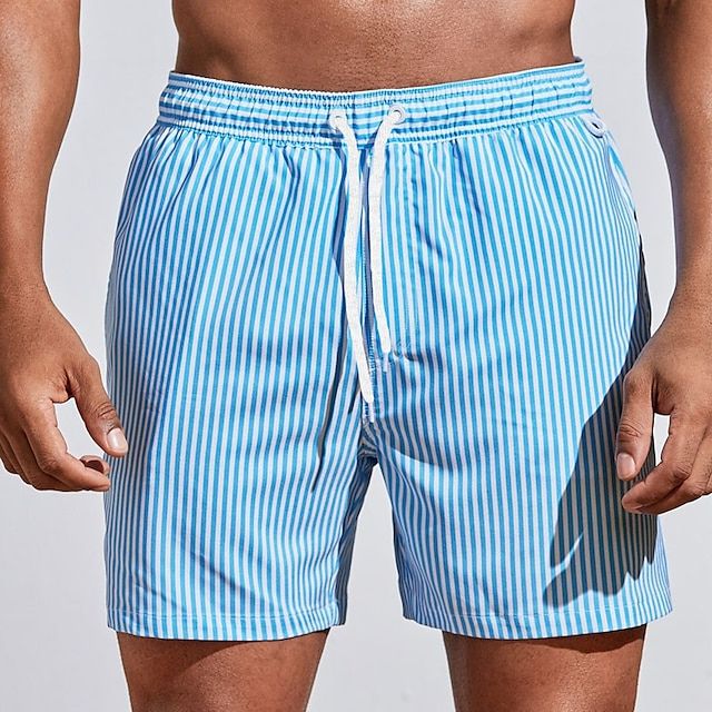 Herre badeshorts med lodrette striber og snøre, hurtigttørrende og behagelige