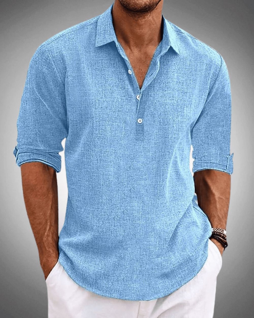 Camisa masculina de algodão com decote em V — Top respirável com mangas arregaçáveis para um estilo casual elegante