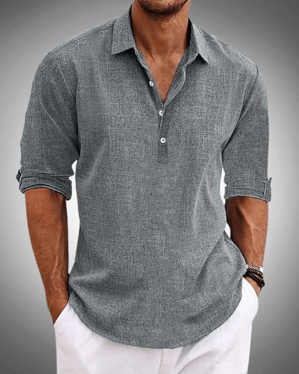Camisa masculina de algodão com decote em V — Top respirável com mangas arregaçáveis para um estilo casual elegante