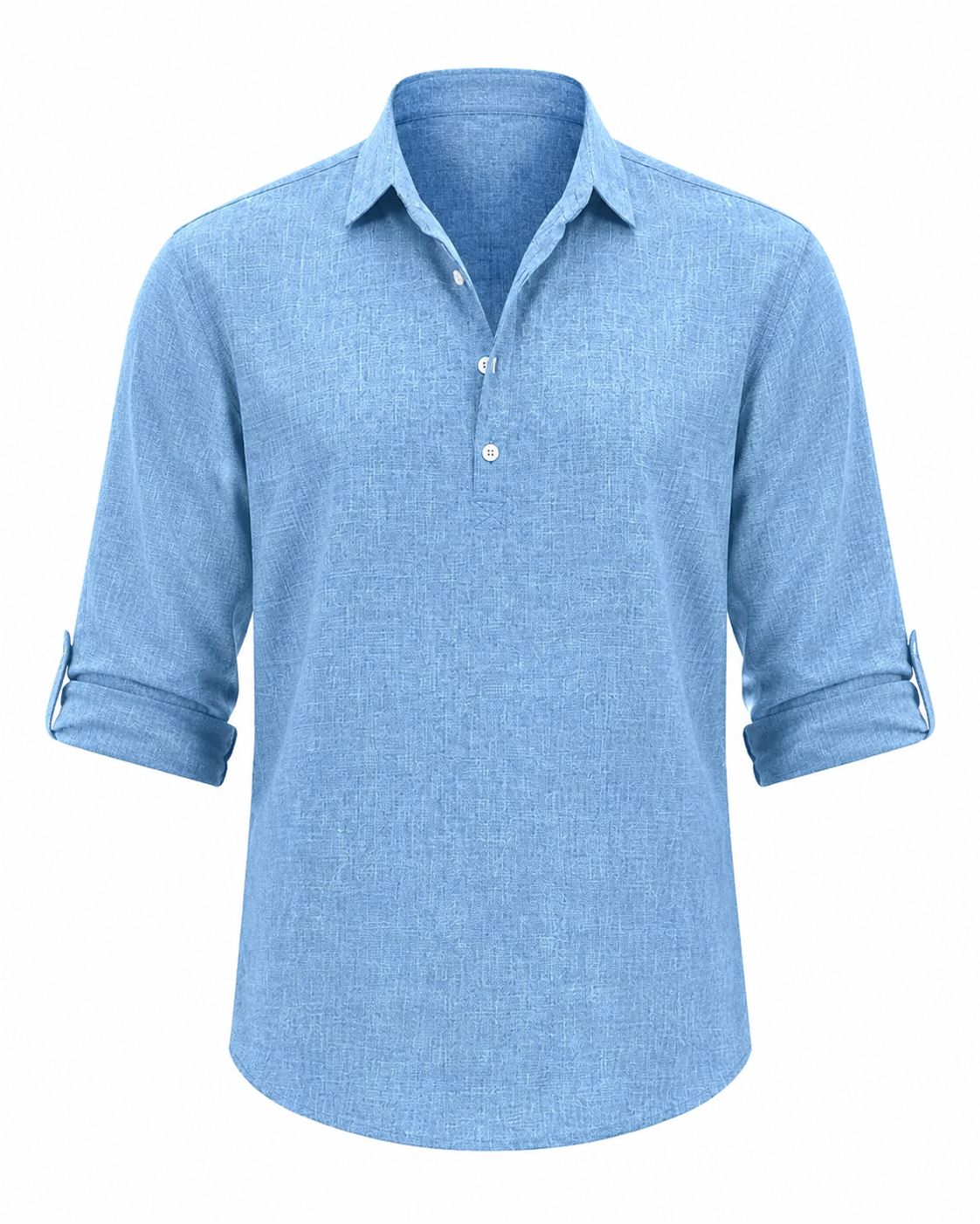 Camisa masculina de algodão com decote em V — Top respirável com mangas arregaçáveis para um estilo casual elegante