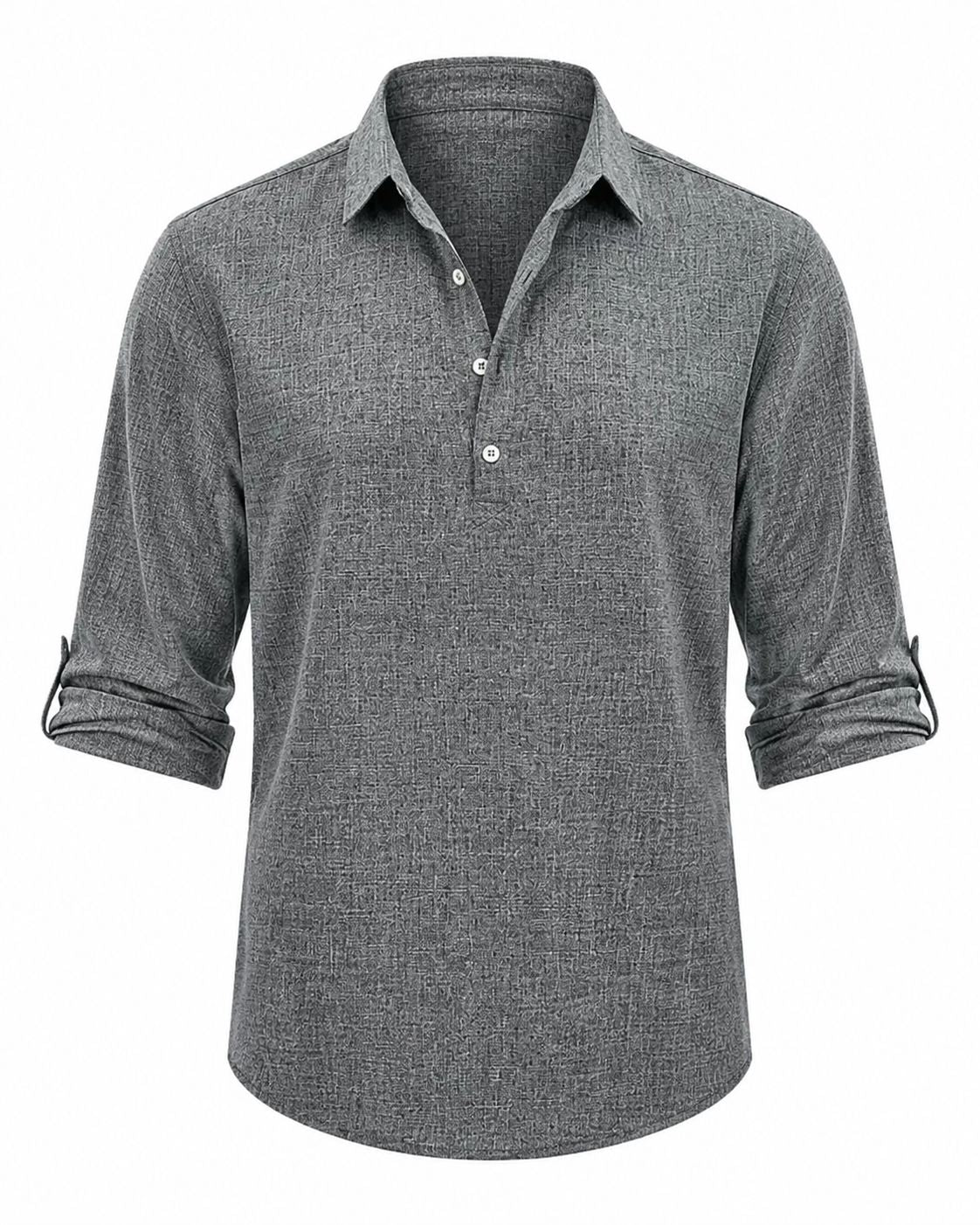 Camisa masculina de algodão com decote em V — Top respirável com mangas arregaçáveis para um estilo casual elegante