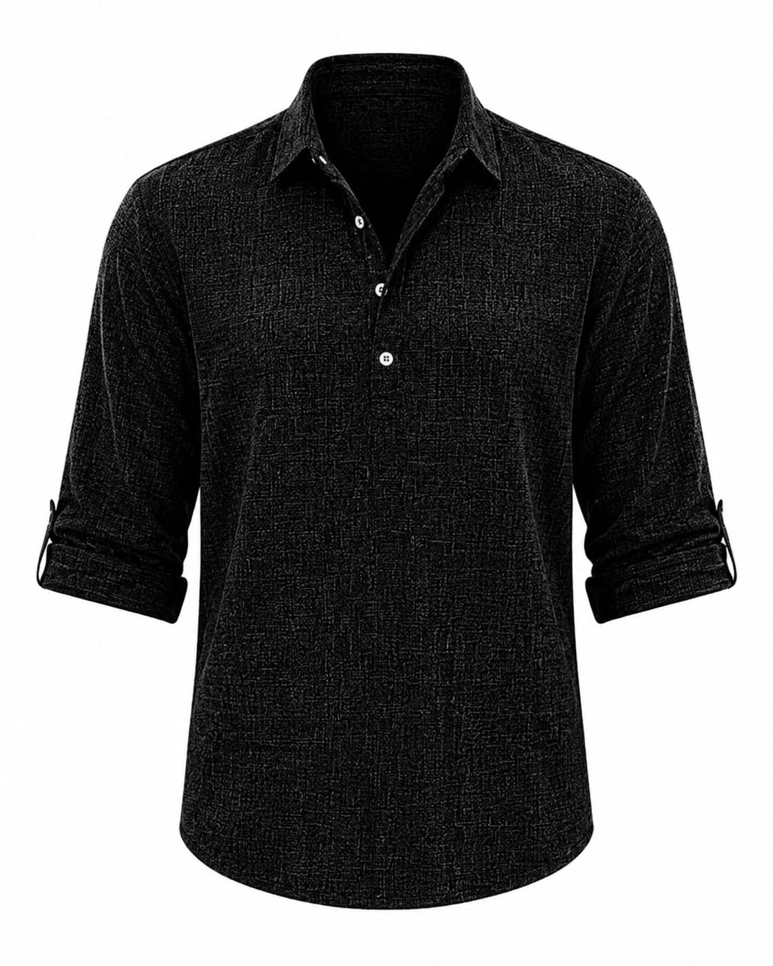 Camisa masculina de algodão com decote em V — Top respirável com mangas arregaçáveis para um estilo casual elegante