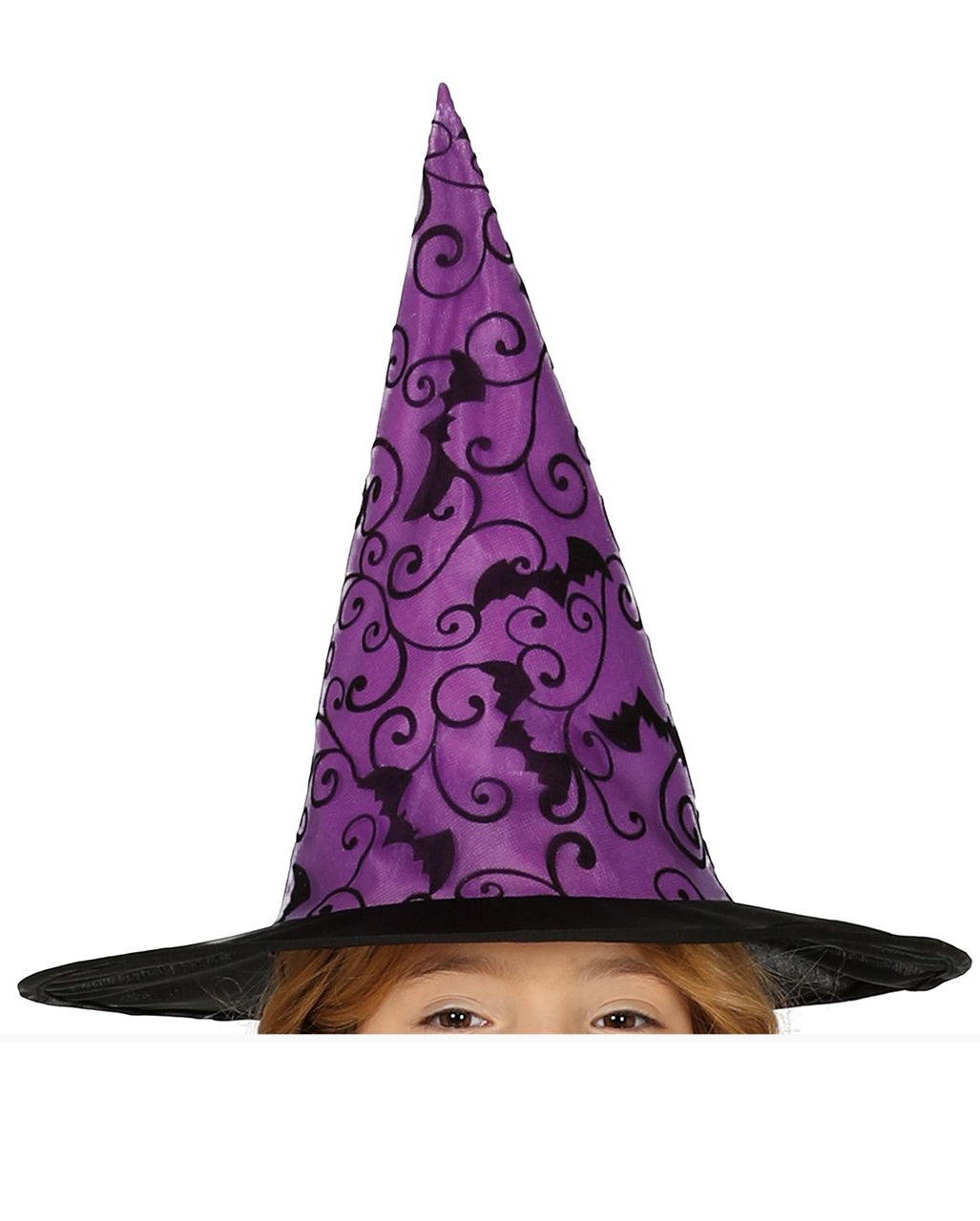 Dětské fialové halloweenské kostýmové šaty čarodějnice s netopýřím motivem a kloboukem