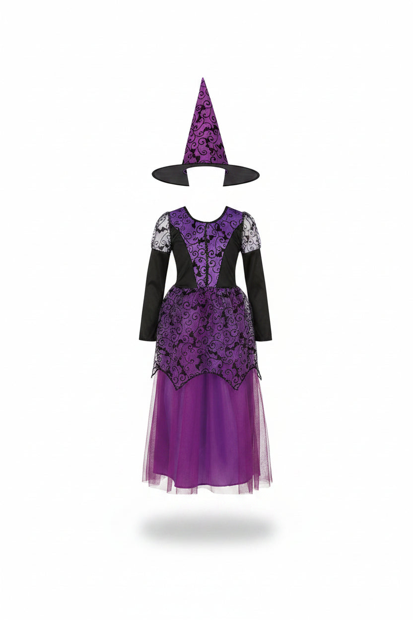 Lasten violetti lepakkonoita-asu ja hattu halloween-asuksi