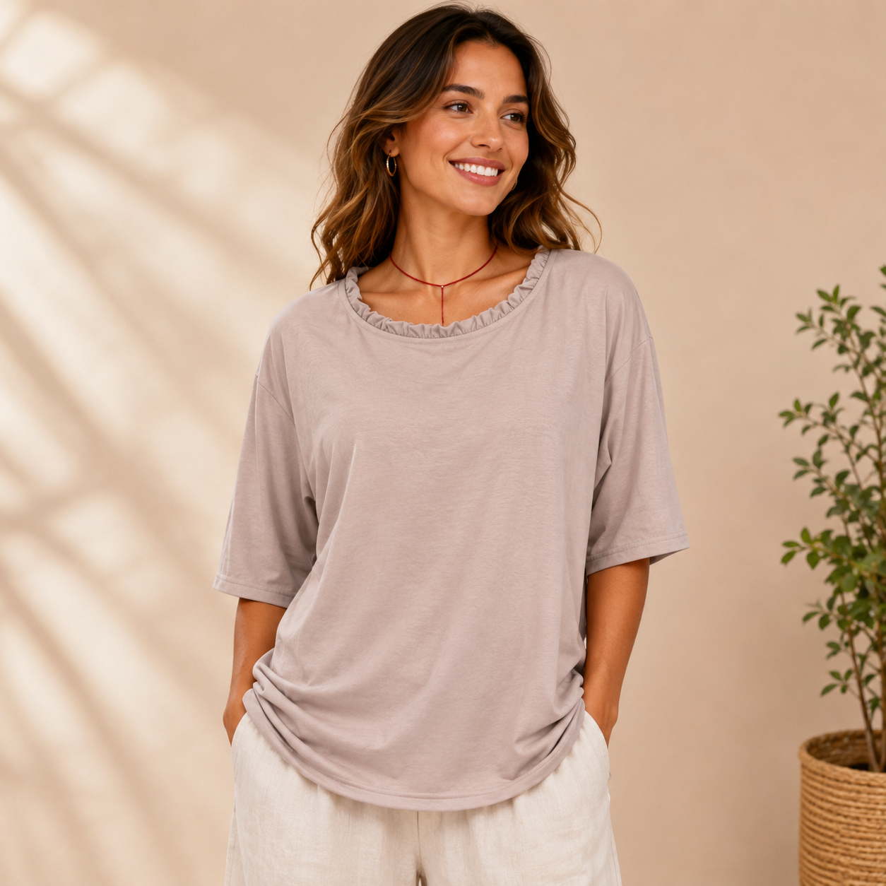 Women’s Relaxed Short Sleeve Blouse – Ruffle Neck Casual Top for Everyday Wear