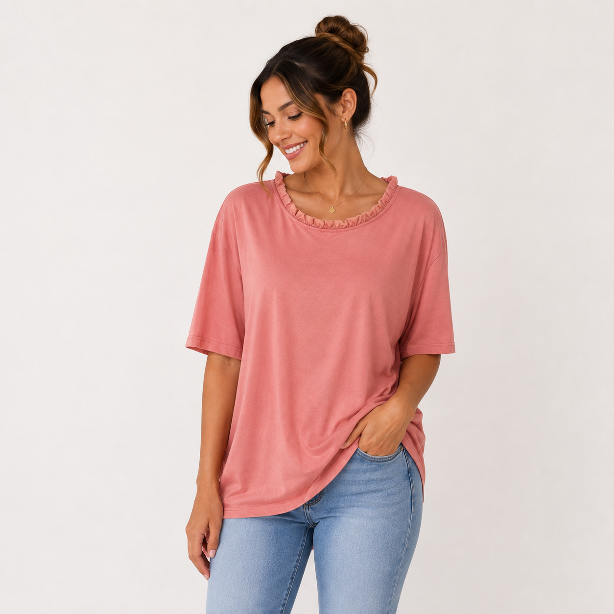 Women’s Relaxed Short Sleeve Blouse – Ruffle Neck Casual Top for Everyday Wear